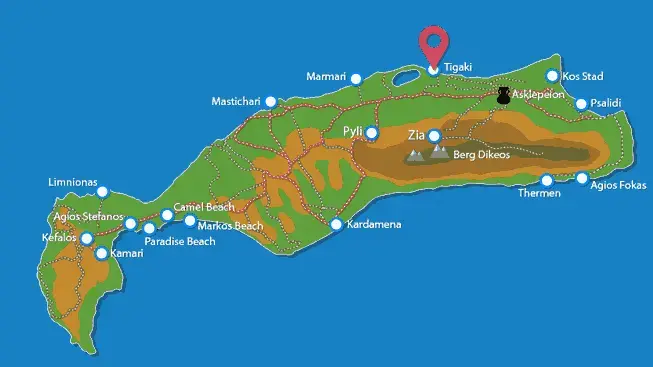 Mapa das regiões da ilha de Kós (ou Cós)