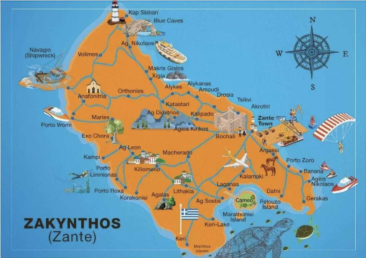 Mapa turístico da ilha de Zakynthos