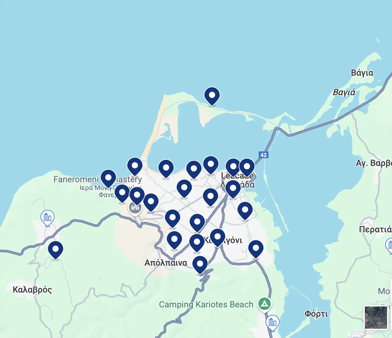 Mapa de Lefkada Town, centro, na Grécia